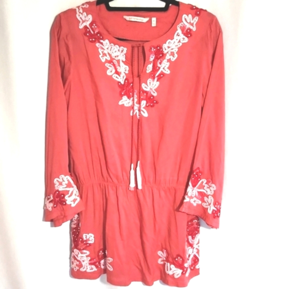 NEW!! Soft Surroundings Floral Crush Coral Tunic Embroidered Beaded Blouse  XS